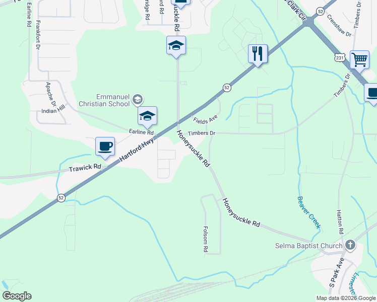 map of restaurants, bars, coffee shops, grocery stores, and more near 2190 Honeysuckle Road in Dothan
