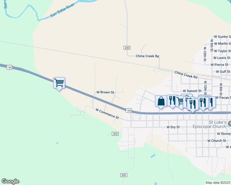 map of restaurants, bars, coffee shops, grocery stores, and more near 229 North Harkey Street in San Saba
