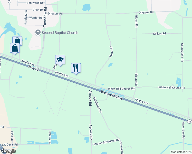 map of restaurants, bars, coffee shops, grocery stores, and more near 67 Pecan Road in Waycross