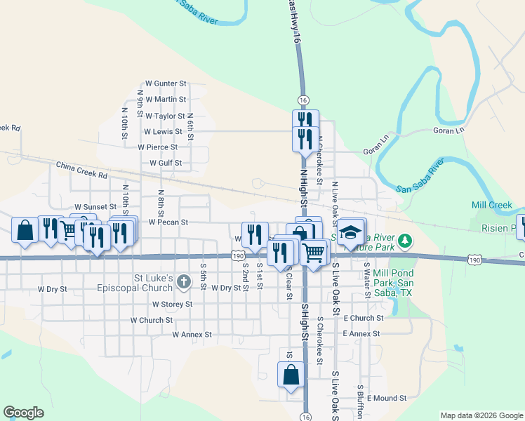 map of restaurants, bars, coffee shops, grocery stores, and more near 105 East Pecan Street in San Saba