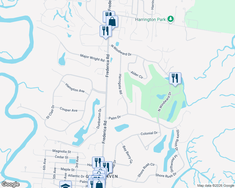 map of restaurants, bars, coffee shops, grocery stores, and more near 115 Harrogate Road in St. Simons Island