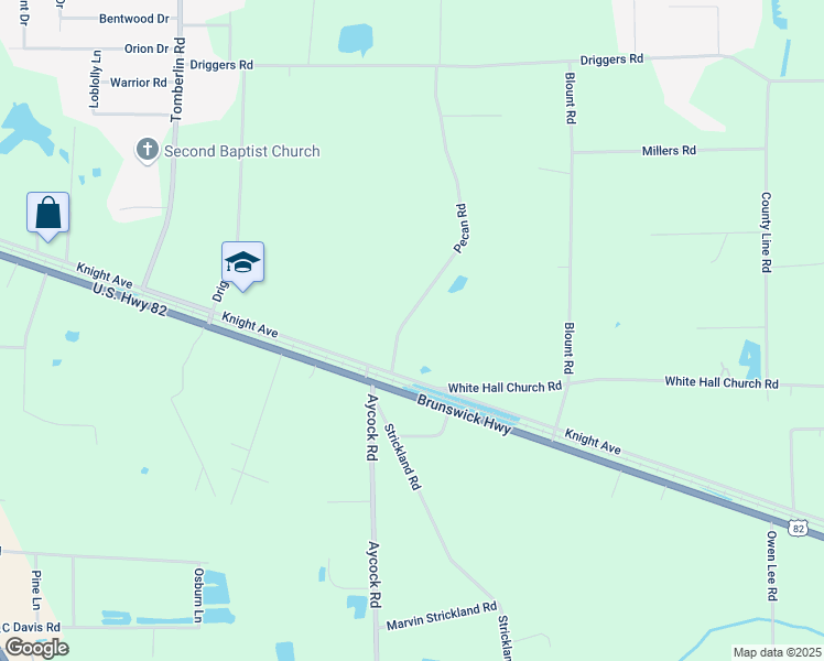 map of restaurants, bars, coffee shops, grocery stores, and more near 76 Pecan Road in Waycross