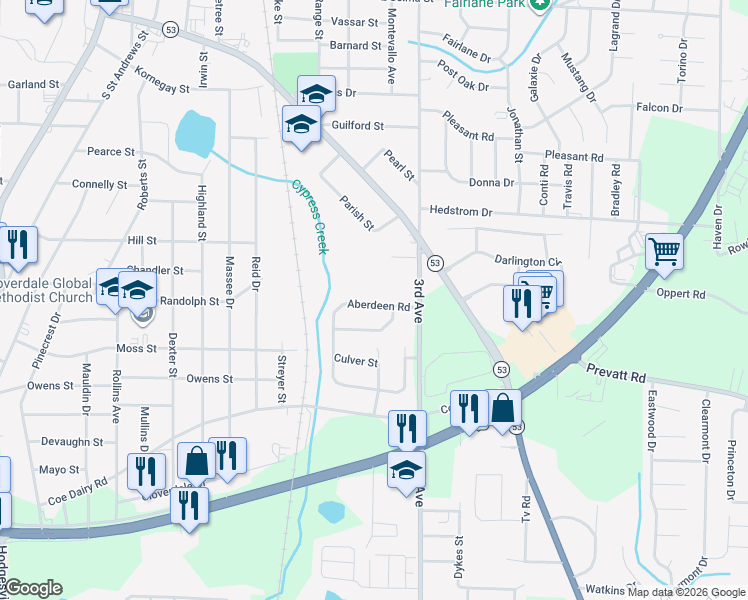 map of restaurants, bars, coffee shops, grocery stores, and more near 2321 Aberdeen Road in Dothan
