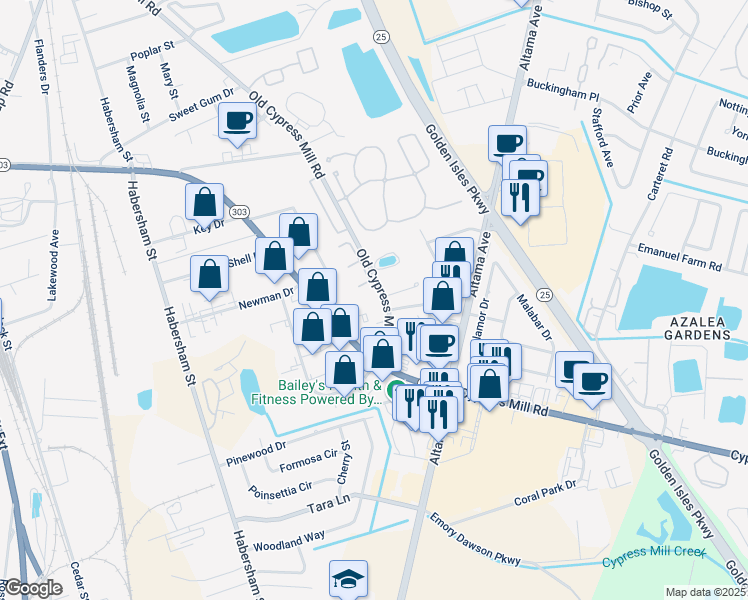 map of restaurants, bars, coffee shops, grocery stores, and more near 1812 Old Cypress Mill Road in Brunswick
