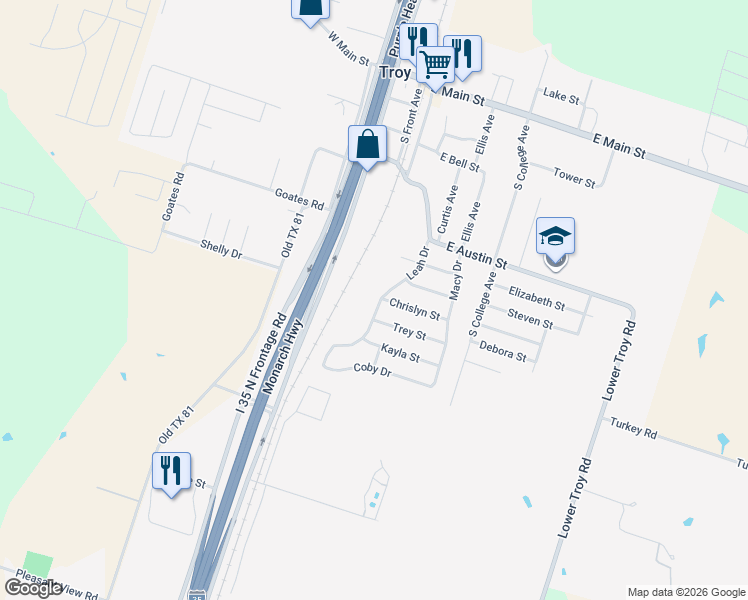 map of restaurants, bars, coffee shops, grocery stores, and more near 806 Leah Drive in Troy