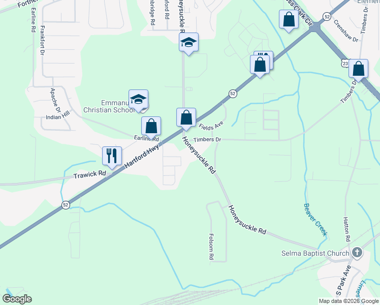 map of restaurants, bars, coffee shops, grocery stores, and more near 2190 Honeysuckle Road in Dothan