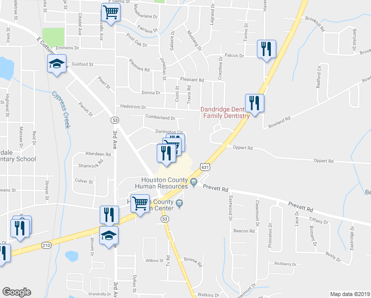 map of restaurants, bars, coffee shops, grocery stores, and more near 341 Darlington Circle in Dothan