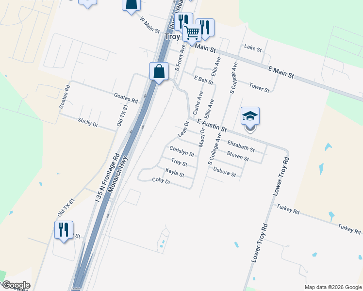 map of restaurants, bars, coffee shops, grocery stores, and more near 401 Blayton Street in Troy