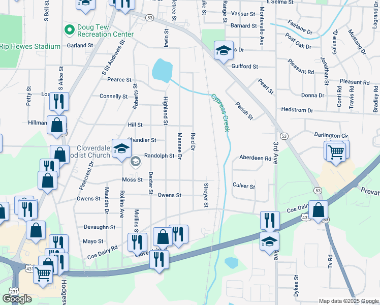map of restaurants, bars, coffee shops, grocery stores, and more near 1000-1098 Randolph Street in Dothan