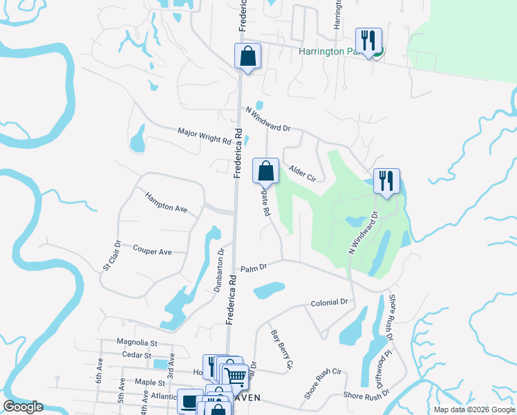 map of restaurants, bars, coffee shops, grocery stores, and more near 115 Harrogate Road in St. Simons Island
