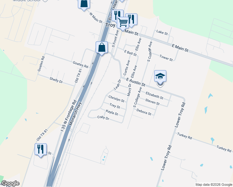 map of restaurants, bars, coffee shops, grocery stores, and more near 401 Blayton Street in Troy