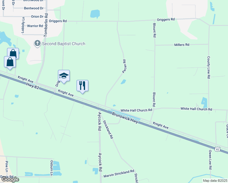 map of restaurants, bars, coffee shops, grocery stores, and more near 76 Pecan Road in Waycross
