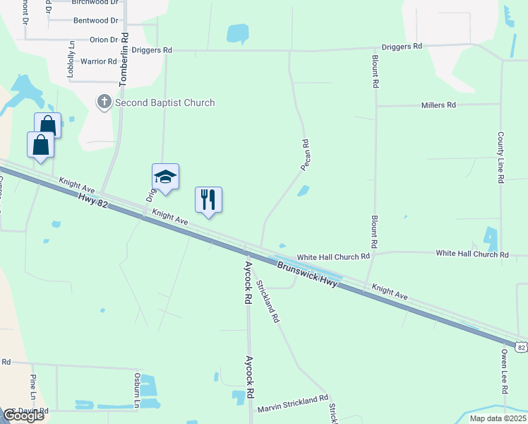 map of restaurants, bars, coffee shops, grocery stores, and more near 67 Pecan Road in Waycross