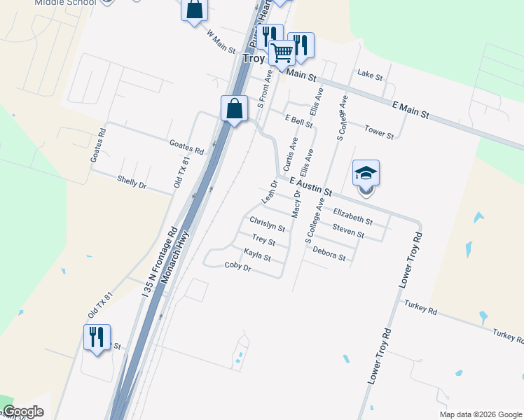 map of restaurants, bars, coffee shops, grocery stores, and more near 503 Blayton Street in Troy