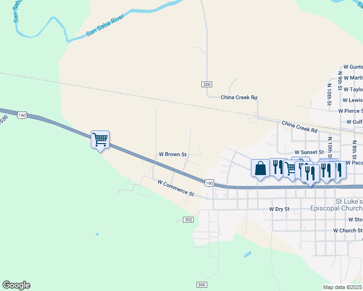 map of restaurants, bars, coffee shops, grocery stores, and more near 229-299 North Harkey Street in San Saba