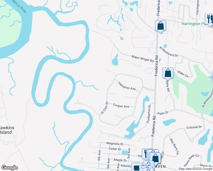 map of restaurants, bars, coffee shops, grocery stores, and more near 140 Saint Clair Drive in St. Simons