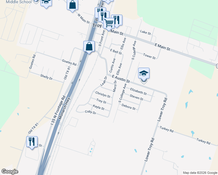 map of restaurants, bars, coffee shops, grocery stores, and more near 503 Blayton Street in Troy