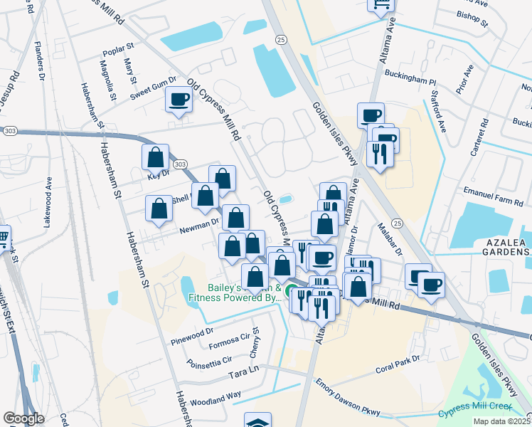 map of restaurants, bars, coffee shops, grocery stores, and more near 1812 Old Cypress Mill Road in Brunswick