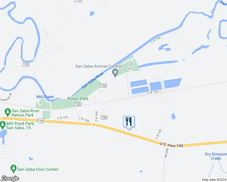 map of restaurants, bars, coffee shops, grocery stores, and more near 404 Riverview Circle in San Saba