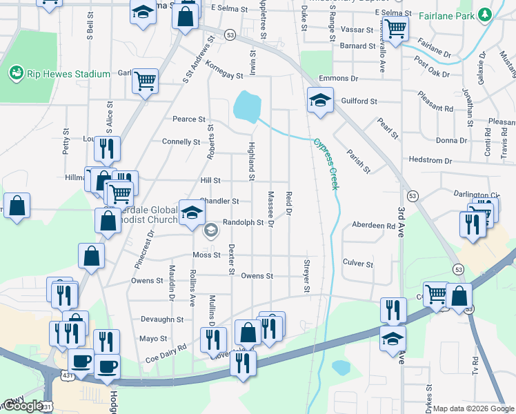 map of restaurants, bars, coffee shops, grocery stores, and more near 400-498 Highland Street in Dothan