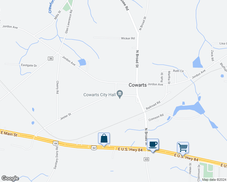 map of restaurants, bars, coffee shops, grocery stores, and more near 35 Miller Street in Cowarts