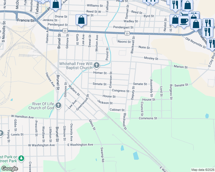 map of restaurants, bars, coffee shops, grocery stores, and more near 801 Senate Street in Waycross