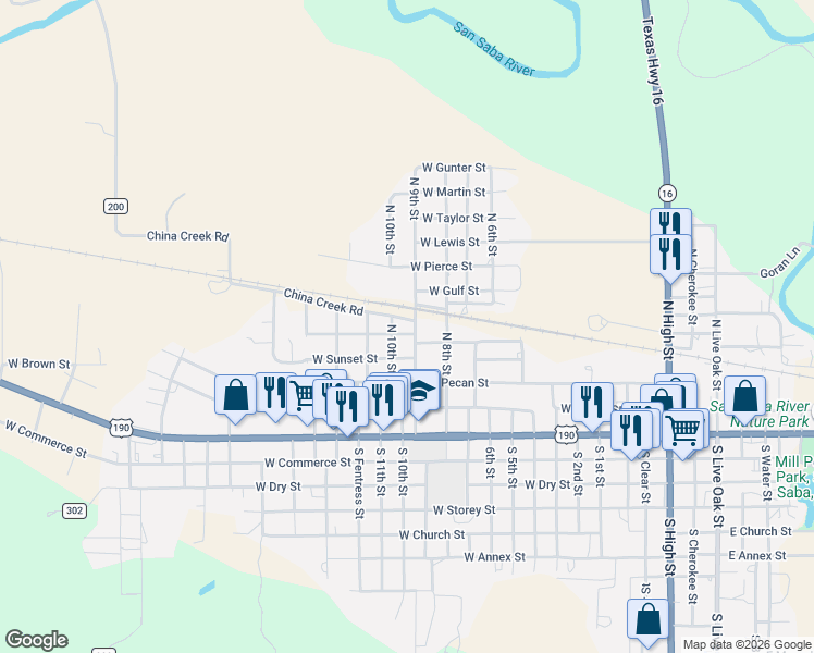 map of restaurants, bars, coffee shops, grocery stores, and more near 504 North 9th Street in San Saba