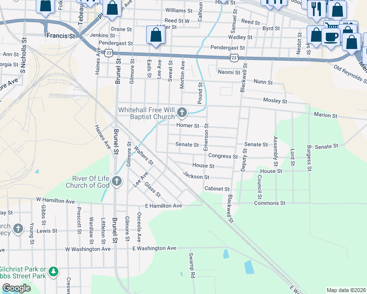 map of restaurants, bars, coffee shops, grocery stores, and more near 715 Senate Street in Waycross