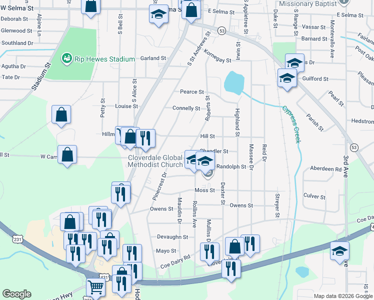 map of restaurants, bars, coffee shops, grocery stores, and more near 408 Roberts Street in Dothan