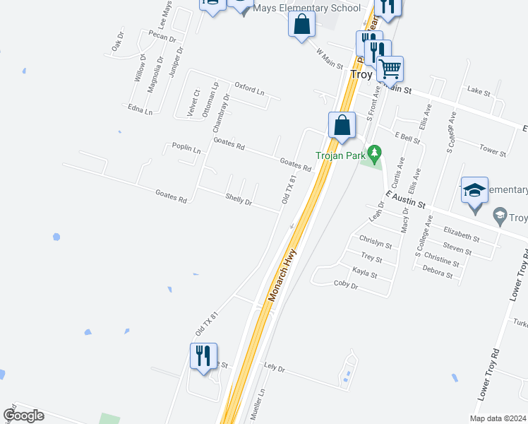 map of restaurants, bars, coffee shops, grocery stores, and more near 301 Shelly Drive in Troy
