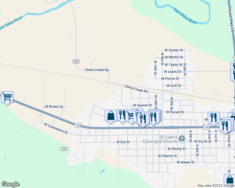 map of restaurants, bars, coffee shops, grocery stores, and more near 502 Anita Street in San Saba