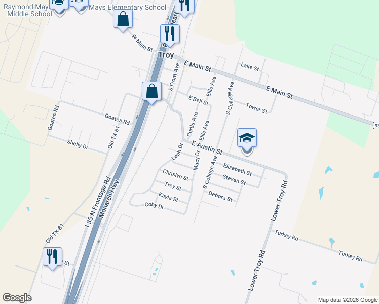 map of restaurants, bars, coffee shops, grocery stores, and more near 319 East Austin Street in Troy