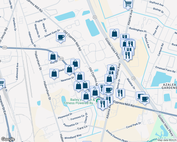 map of restaurants, bars, coffee shops, grocery stores, and more near 396 Lake Circle Drive in Brunswick