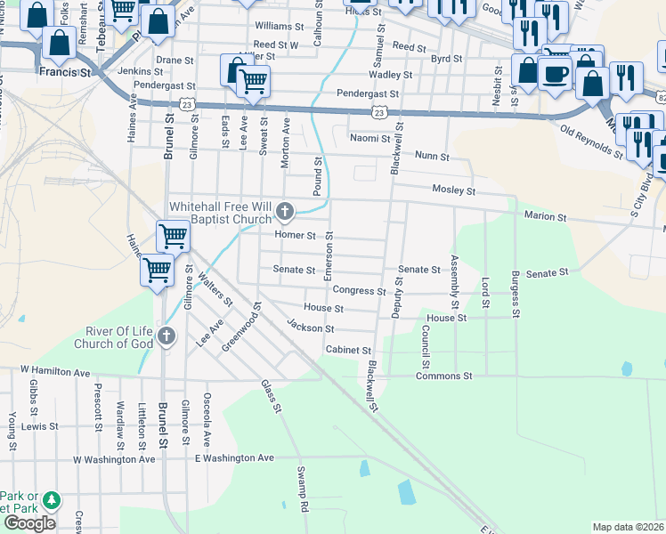 map of restaurants, bars, coffee shops, grocery stores, and more near 801 Senate Street in Waycross