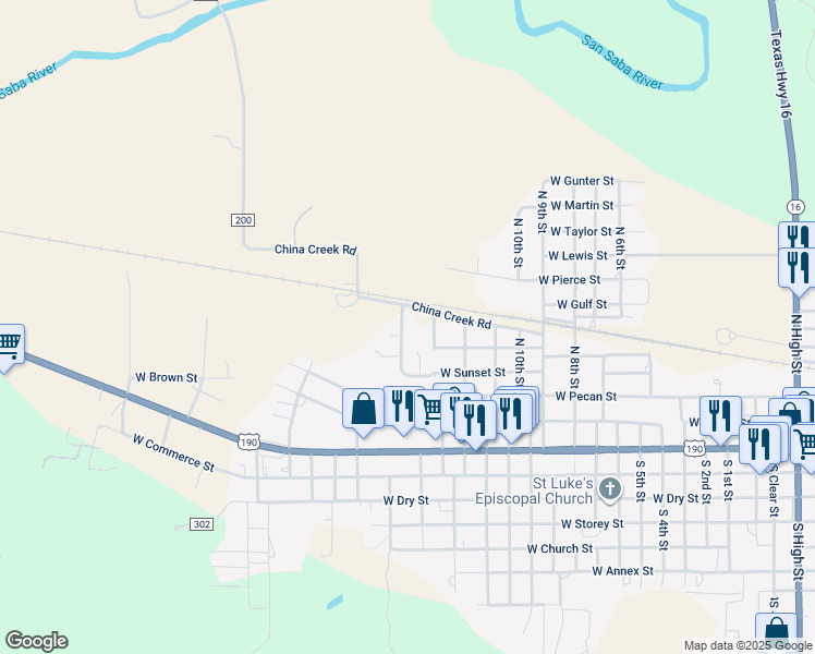 map of restaurants, bars, coffee shops, grocery stores, and more near 502 Anita Street in San Saba