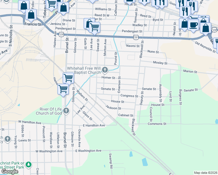 map of restaurants, bars, coffee shops, grocery stores, and more near 715 Senate Street in Waycross