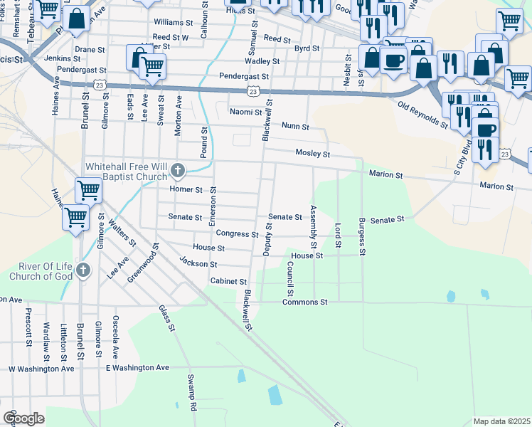 map of restaurants, bars, coffee shops, grocery stores, and more near 1017 Blackwell Street in Waycross