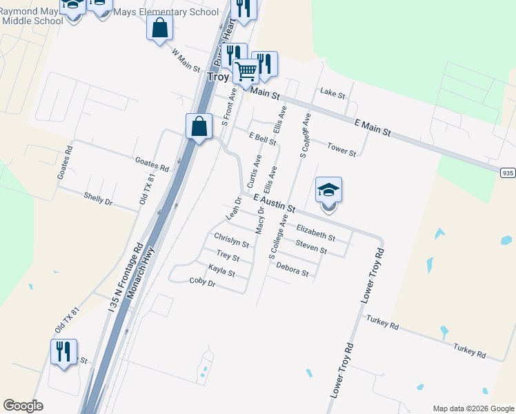 map of restaurants, bars, coffee shops, grocery stores, and more near 319 East Austin Street in Troy