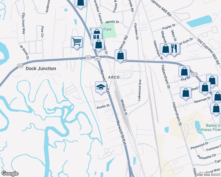 map of restaurants, bars, coffee shops, grocery stores, and more near 122 Old Jesup Road in Brunswick