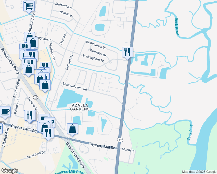 map of restaurants, bars, coffee shops, grocery stores, and more near 197 Emanuel Farm Road in Brunswick