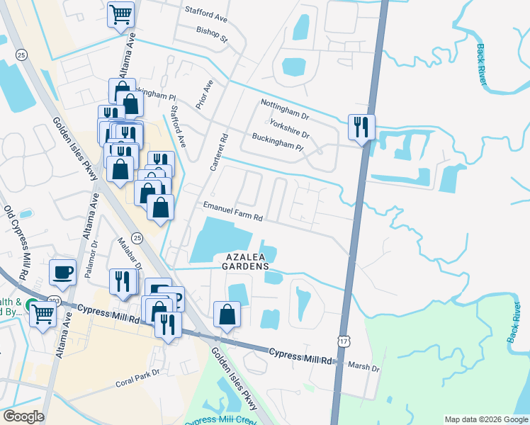 map of restaurants, bars, coffee shops, grocery stores, and more near 231 Bridgewater Circle in Brunswick