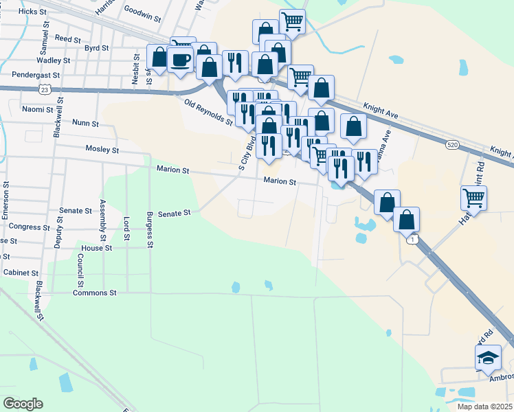 map of restaurants, bars, coffee shops, grocery stores, and more near 1698 Dasher Street in Waycross