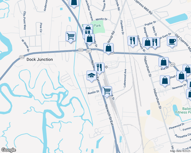 map of restaurants, bars, coffee shops, grocery stores, and more near 122 Old Jesup Road in Brunswick