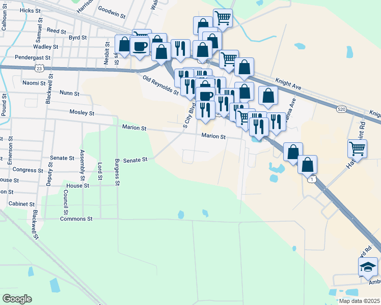 map of restaurants, bars, coffee shops, grocery stores, and more near 1698 Dasher Street in Waycross