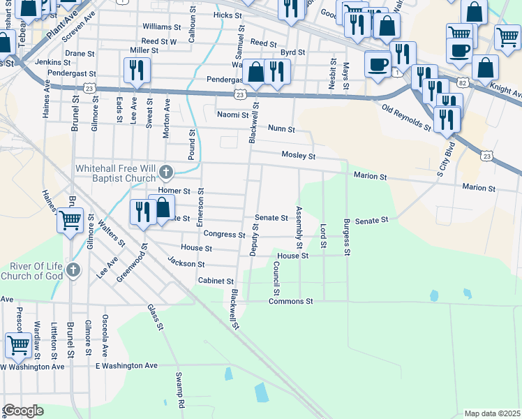 map of restaurants, bars, coffee shops, grocery stores, and more near 1017 Blackwell Street in Waycross