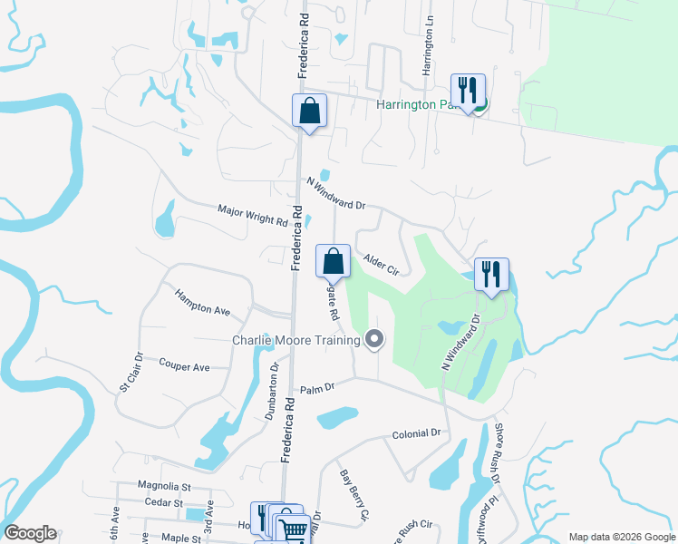 map of restaurants, bars, coffee shops, grocery stores, and more near 122 Harrogate Road in St. Simons Island