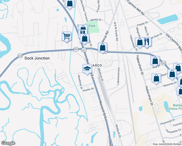 map of restaurants, bars, coffee shops, grocery stores, and more near 122 Old Jesup Road in Brunswick