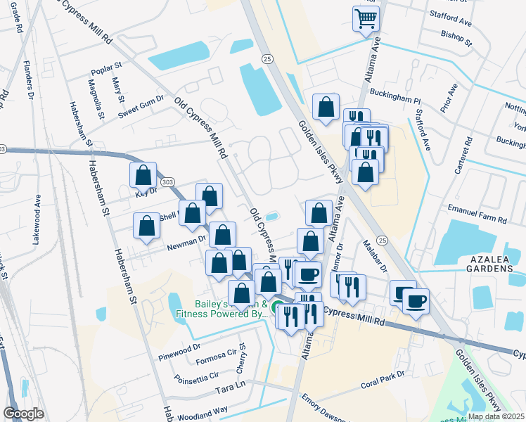 map of restaurants, bars, coffee shops, grocery stores, and more near 396 Lake Circle Drive in Brunswick