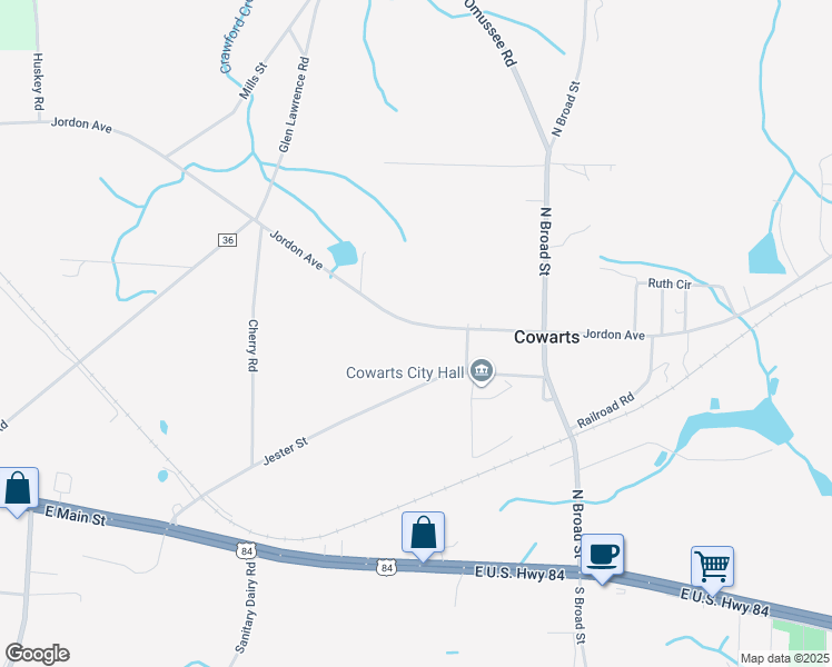 map of restaurants, bars, coffee shops, grocery stores, and more near Jordon Ave in Cowarts