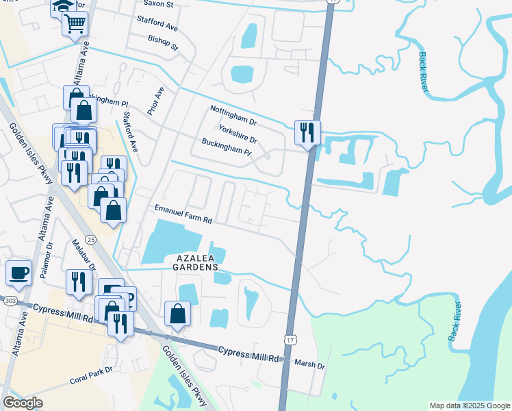 map of restaurants, bars, coffee shops, grocery stores, and more near 197-207 Emanuel Farm Road in Brunswick
